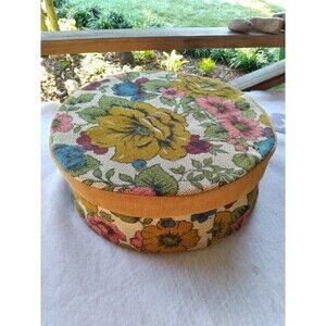 Antique Round Cheese Box 1970s  Burlap  Lined Country Farmhouse Decor 15” x 5.5"